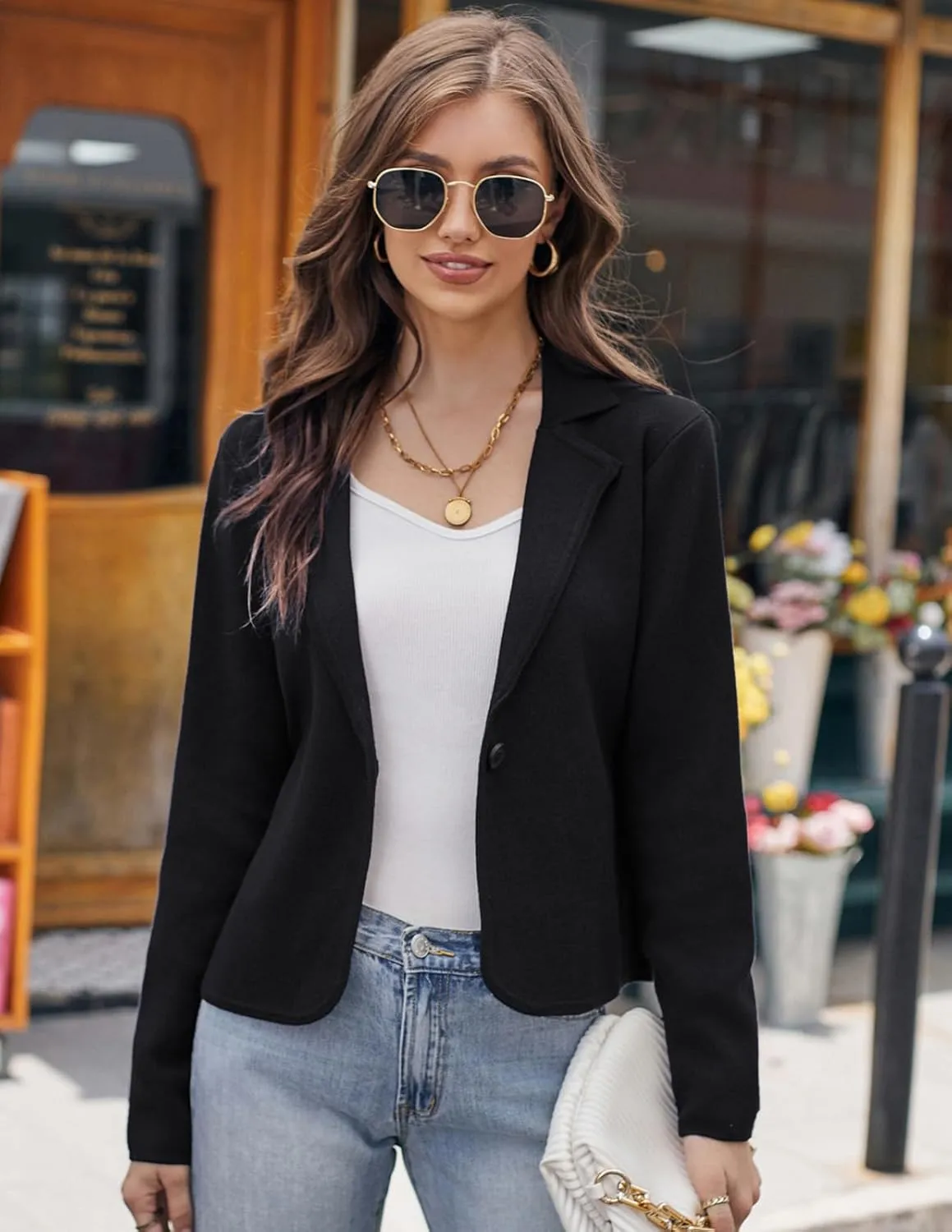 GRACE KARIN Women Sweater Blazer Casual Work Croppped Cardigan Lightweight Button Front Short Knit Blazer Jacket S-XXL