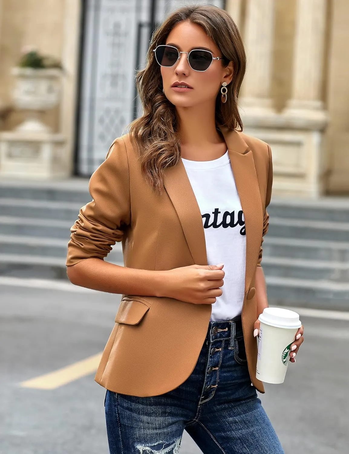 GRAPENT Women's Business Casual Pockets Work Office Blazer Back Slit Jacket Suit