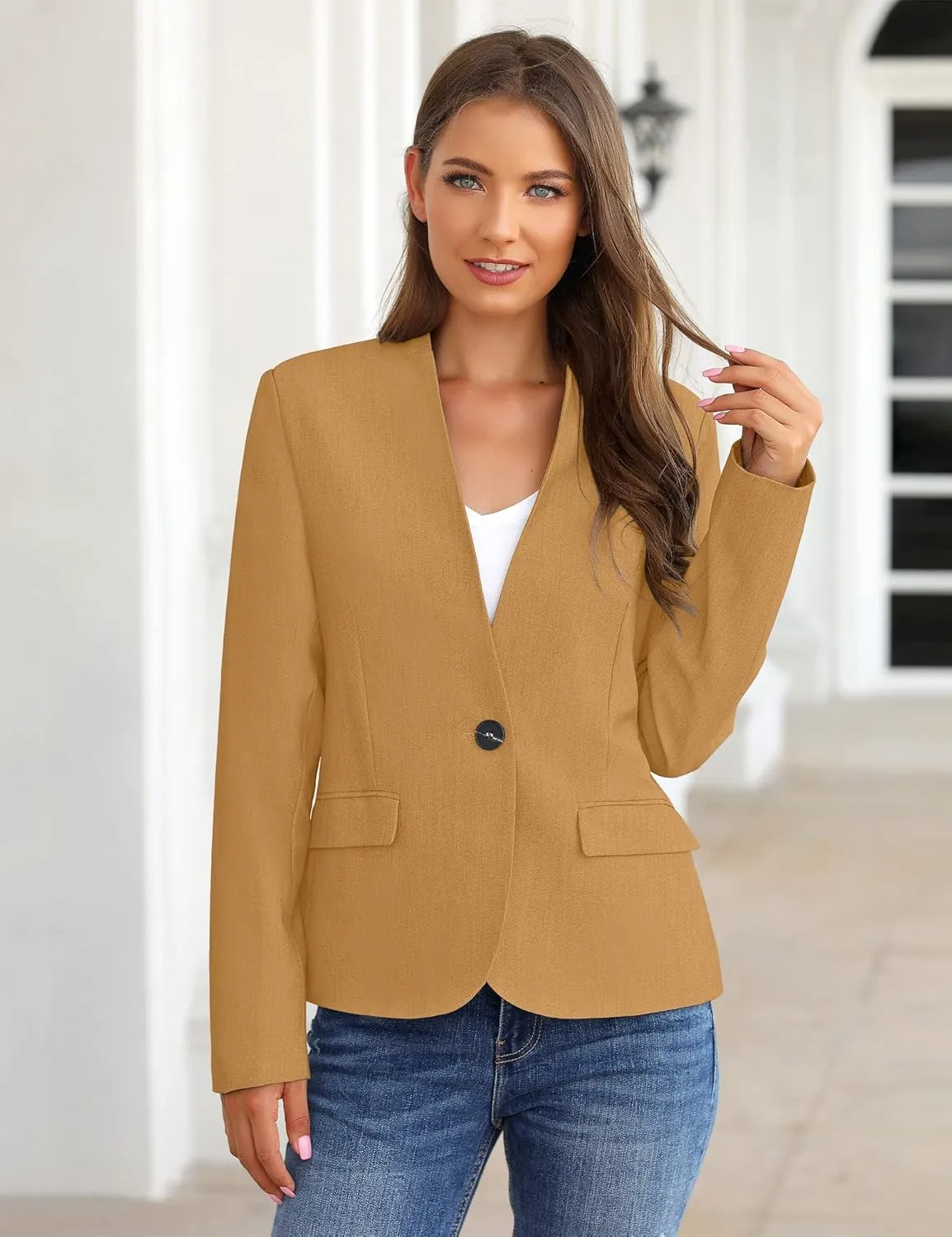 GRAPENT Women's Business Casual Pockets Work Office Blazer Back Slit Jacket Suit