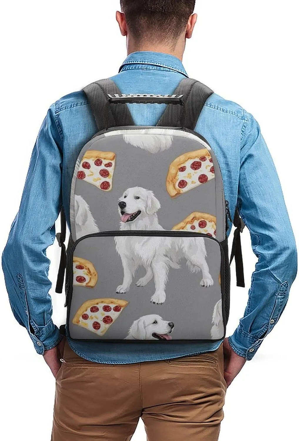 Great Pyrenees Pizza Daypack Polyester Anti-Theft Multipurpose Bookbag Big Capacity Gym Outdoor Hiking Backpack With Adjustable Shoulder Straps