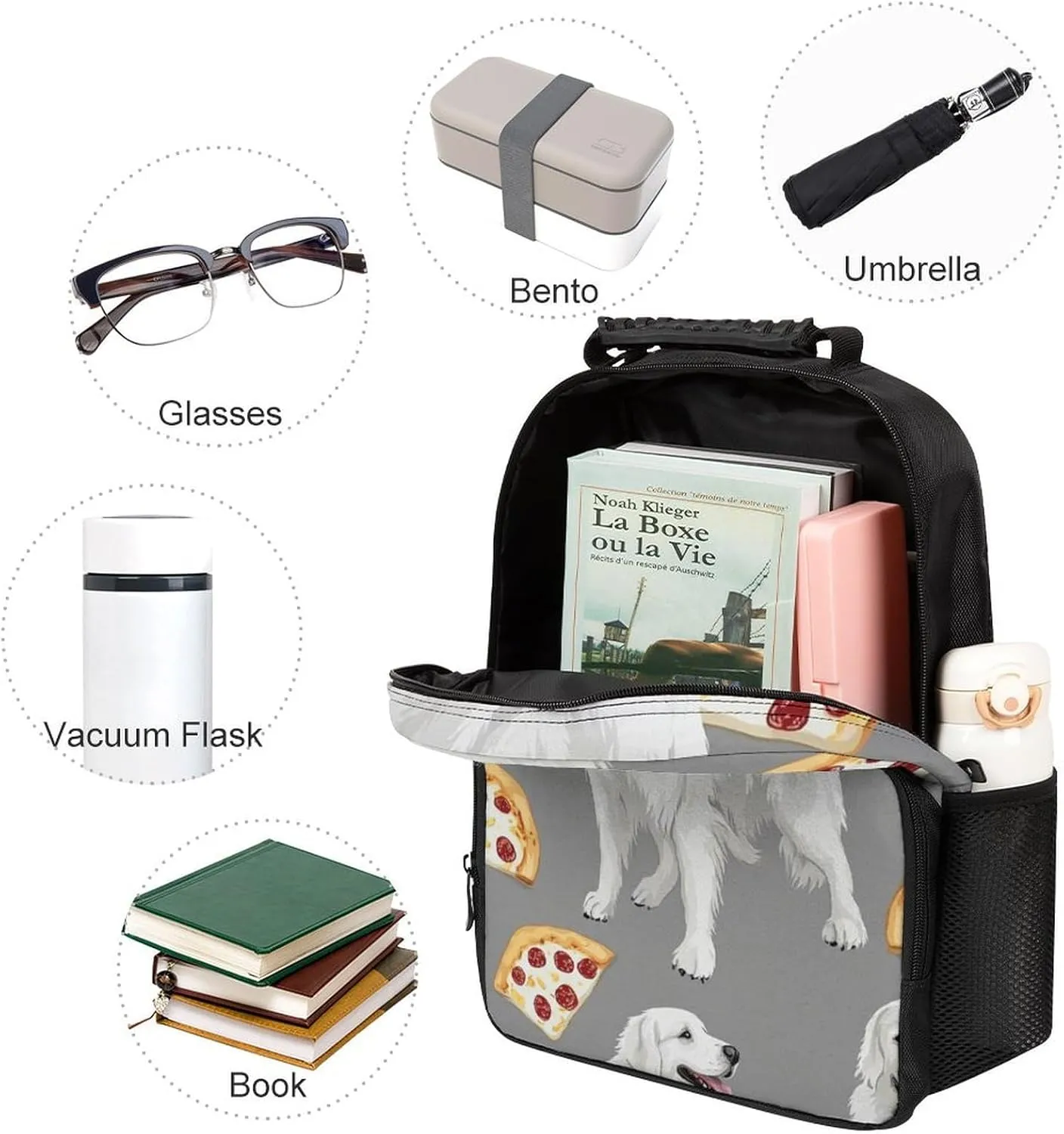 Great Pyrenees Pizza Daypack Polyester Anti-Theft Multipurpose Bookbag Big Capacity Gym Outdoor Hiking Backpack With Adjustable Shoulder Straps