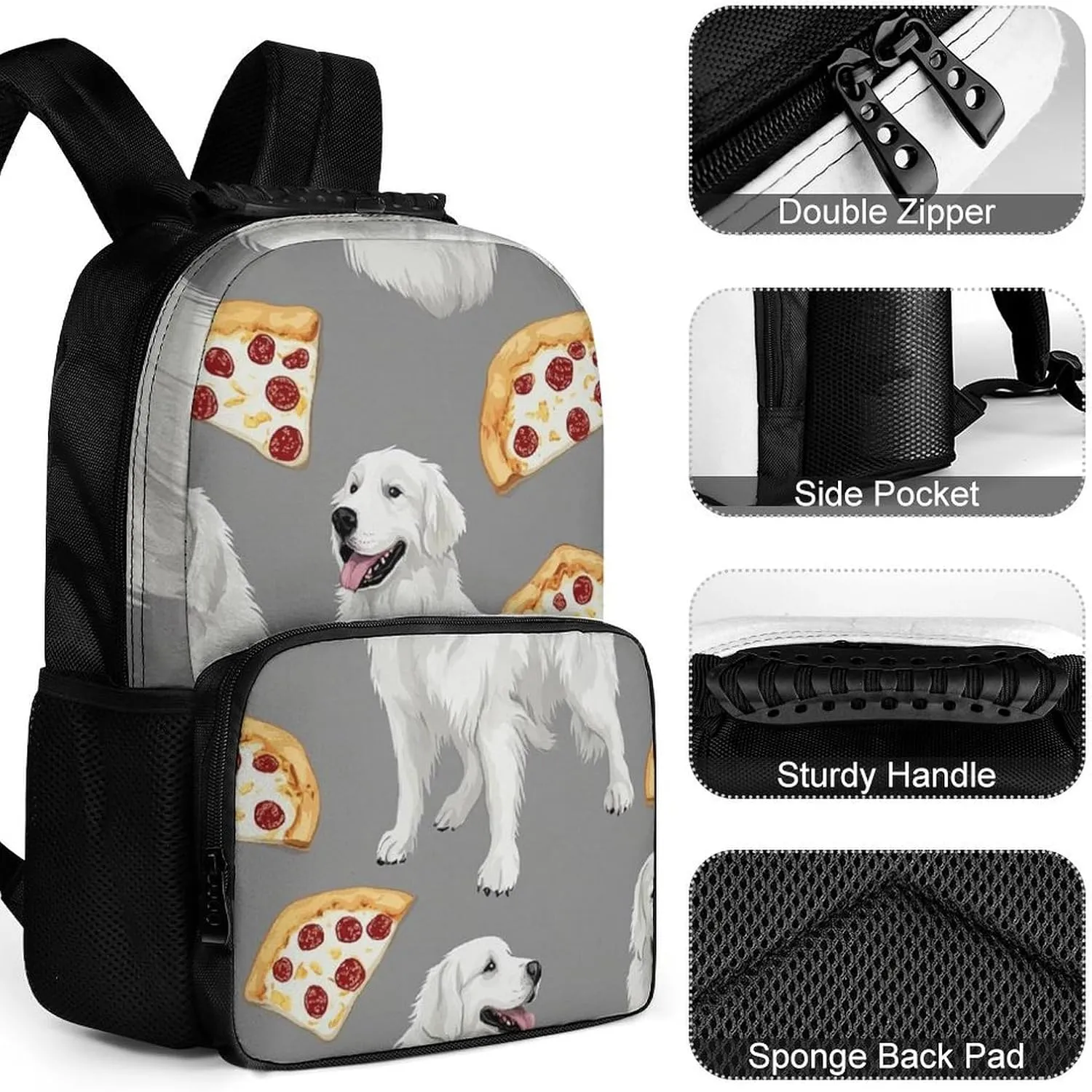 Great Pyrenees Pizza Daypack Polyester Anti-Theft Multipurpose Bookbag Big Capacity Gym Outdoor Hiking Backpack With Adjustable Shoulder Straps