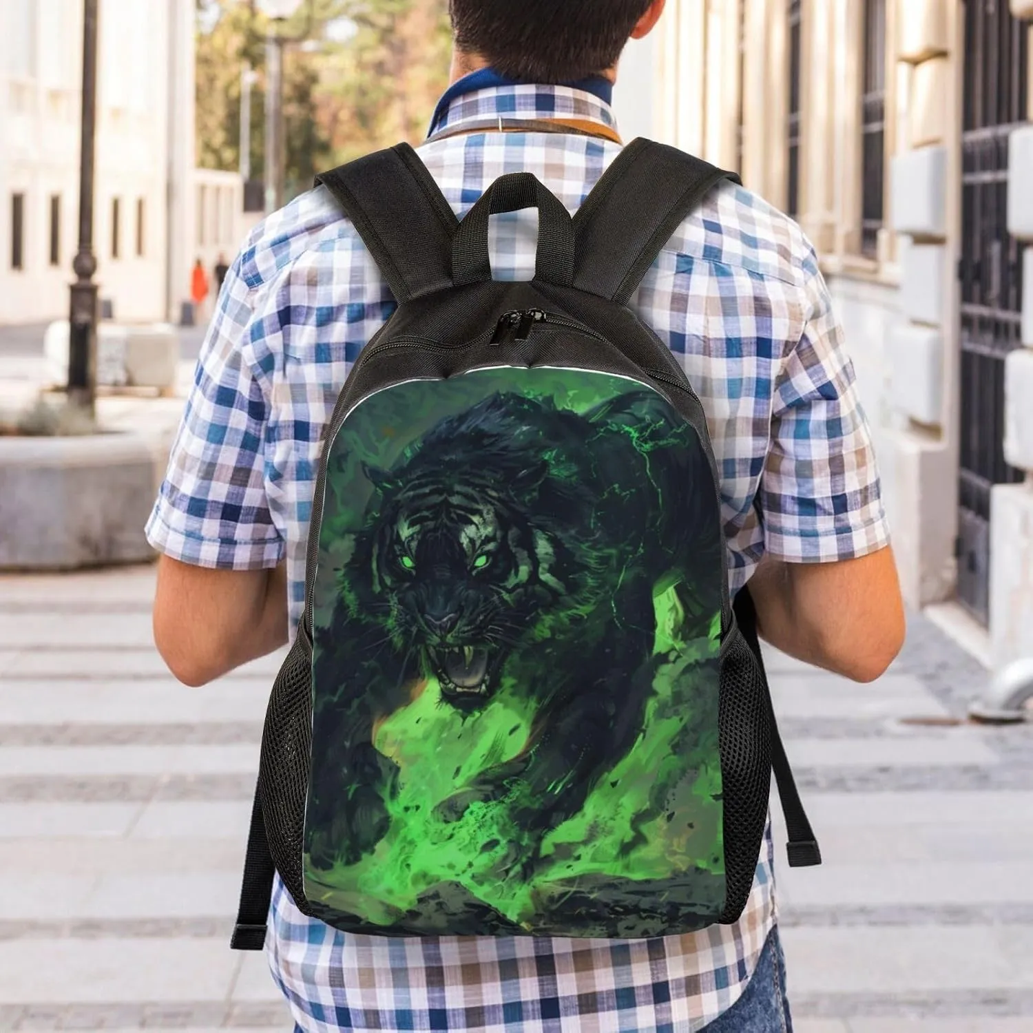 Green Flame Tiger Backpack Waterproof Anti Theft Durable Light Laptop Bag Backpacks For Women Men Travel Gym Backpack