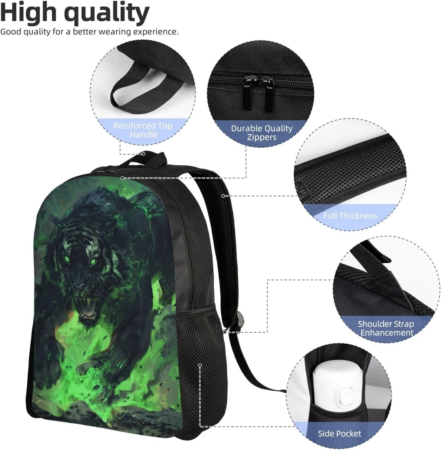 Green Flame Tiger Backpack Waterproof Anti Theft Durable Light Laptop Bag Backpacks For Women Men Travel Gym Backpack