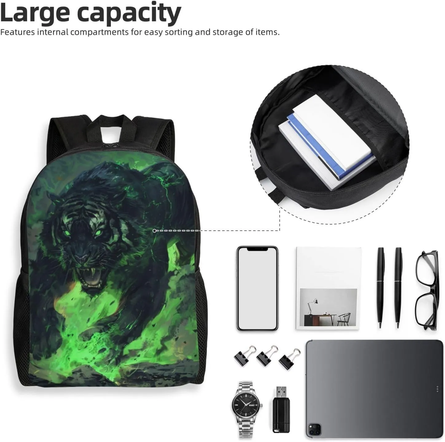 Green Flame Tiger Backpack Waterproof Anti Theft Durable Light Laptop Bag Backpacks For Women Men Travel Gym Backpack