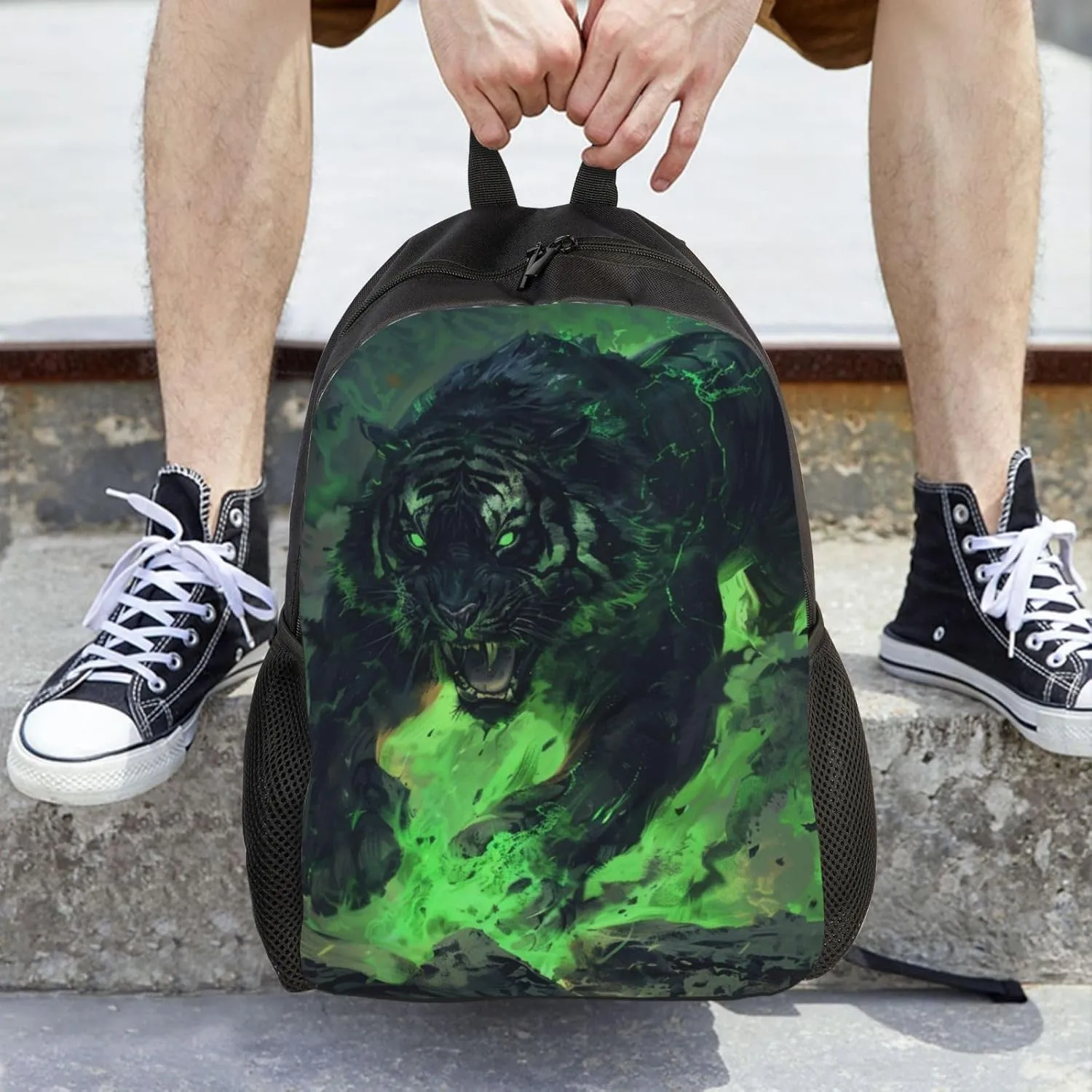 Green Flame Tiger Backpack Waterproof Anti Theft Durable Light Laptop Bag Backpacks For Women Men Travel Gym Backpack