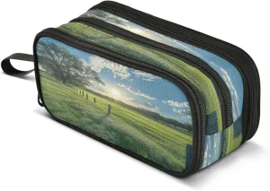Green Grassy Field with Tree Large Capacity Pencil Case Box Boys Girls Big Stationery Pen Bag Organizer Pencil Pouch Zipper Compartments for School Office