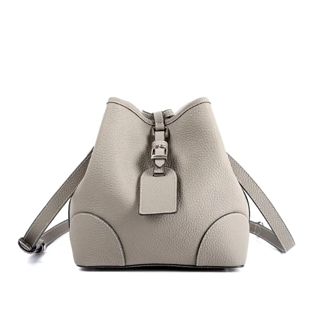 Grey Top Grain Cow Leather Mini Drawstring commute Bucket Bag | Crossbody Bag