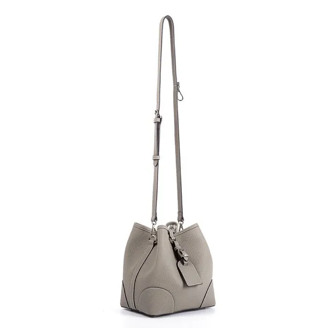 Grey Top Grain Cow Leather Mini Drawstring commute Bucket Bag | Crossbody Bag