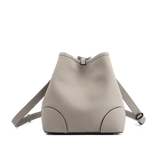 Grey Top Grain Cow Leather Mini Drawstring commute Bucket Bag | Crossbody Bag