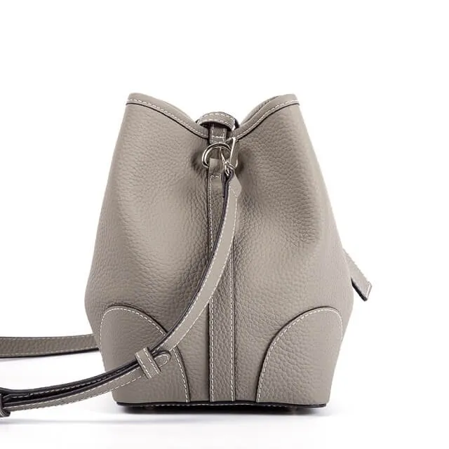 Grey Top Grain Cow Leather Mini Drawstring commute Bucket Bag | Crossbody Bag