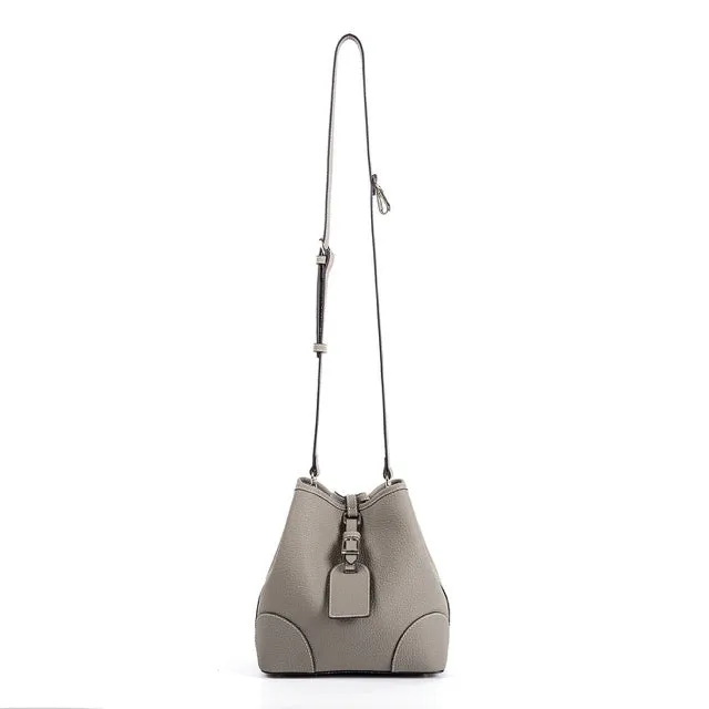 Grey Top Grain Cow Leather Mini Drawstring commute Bucket Bag | Crossbody Bag