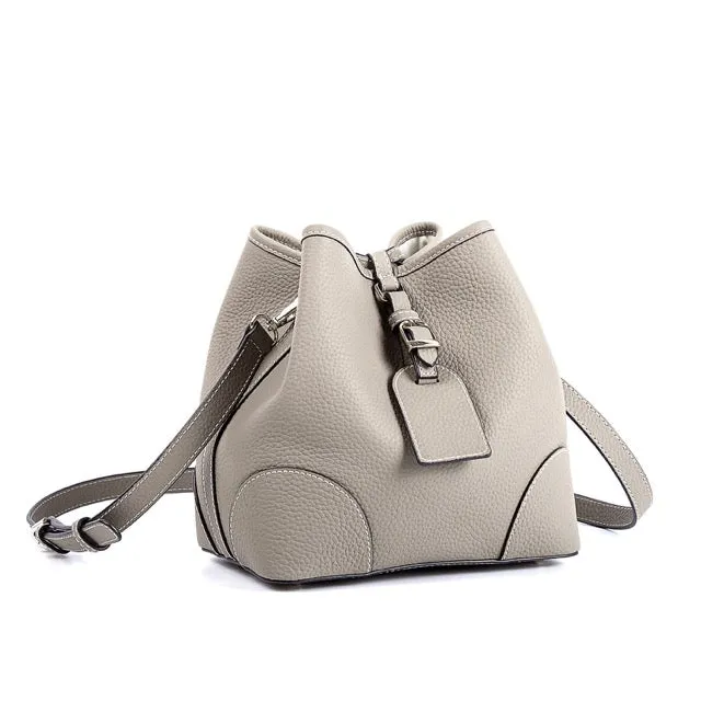 Grey Top Grain Cow Leather Mini Drawstring commute Bucket Bag | Crossbody Bag