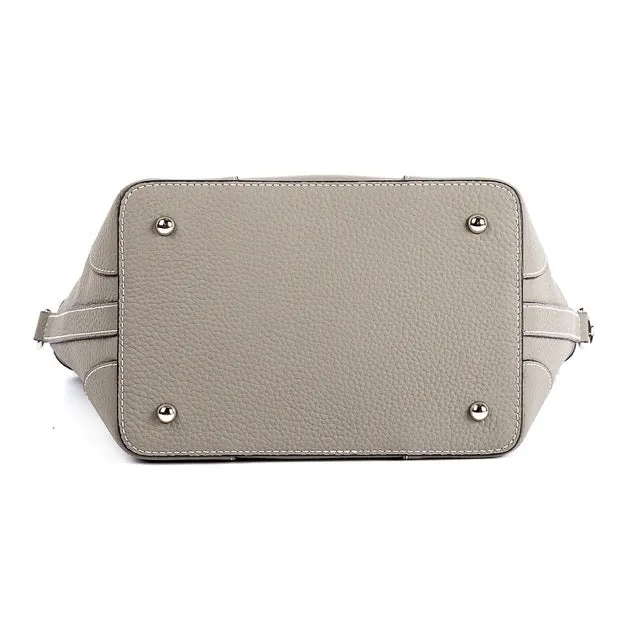 Grey Top Grain Cow Leather Mini Drawstring commute Bucket Bag | Crossbody Bag