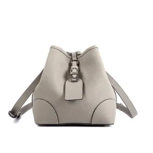 Grey Top Grain Cow Leather Mini Drawstring commute Bucket Bag | Crossbody Bag