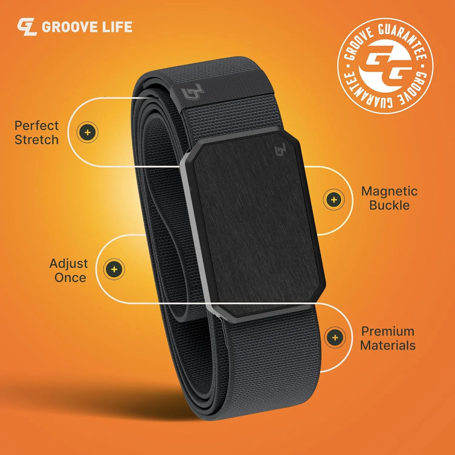Groove Life Groove Belt Men's Stretch Nylon Belt with Magnetic Aluminum Buckle, Lifetime Coverage