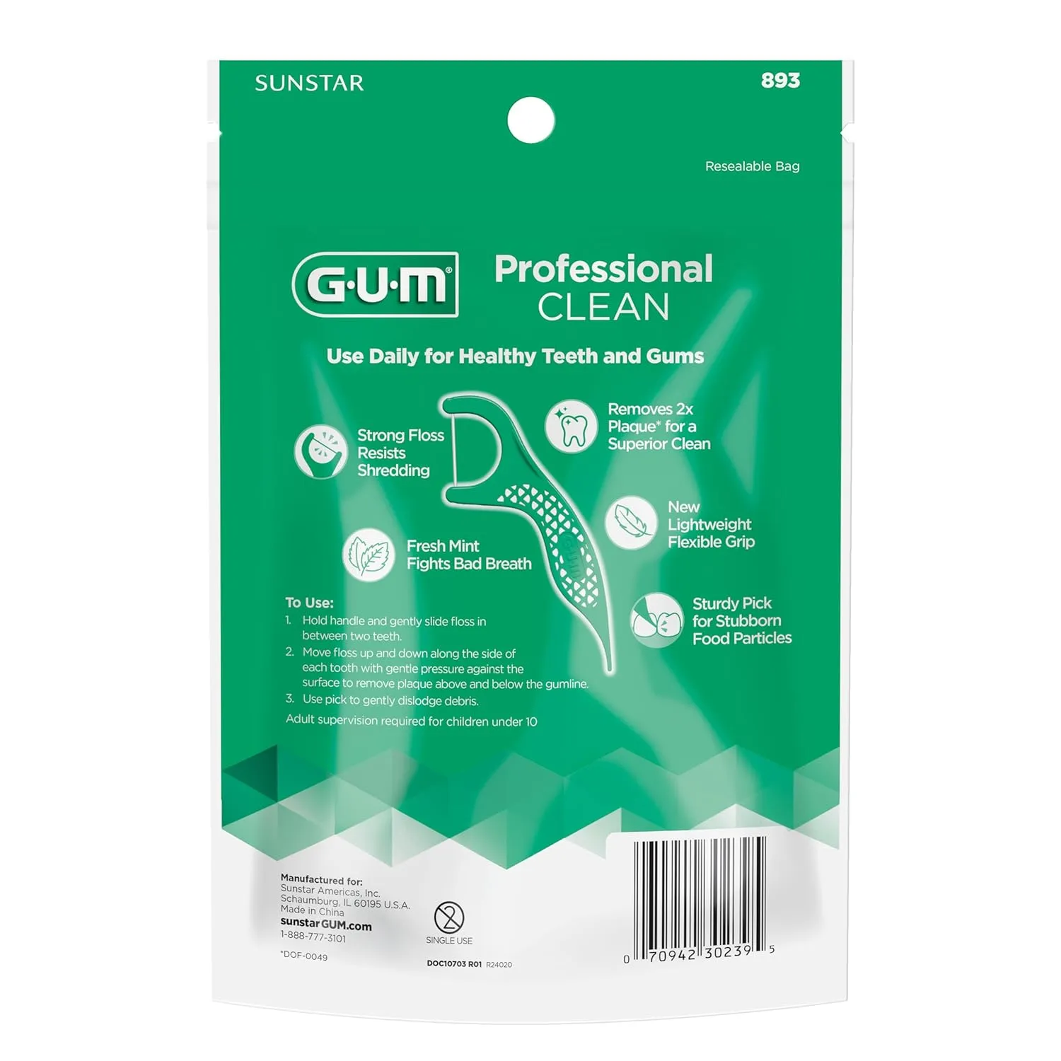 GUM Professional Clean Floss Picks - Extra Strong Shred-Resistant Floss, Easy Grip Handle - Dental Flossers for Adults - Fresh Mint Flavor, 90 Count (Pack of 3)