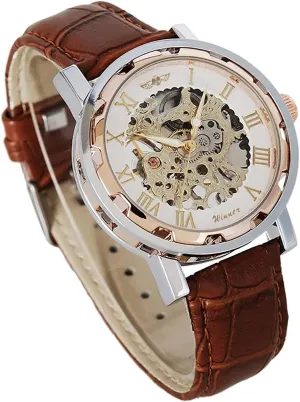 Gute Men's Watch, Mechanical Skeleton Hand-Wind Steampunk Bling Watch for Men Women, Roman Numeral PU Leather Silver Rose-Gold Case Unisex Wrist Watch