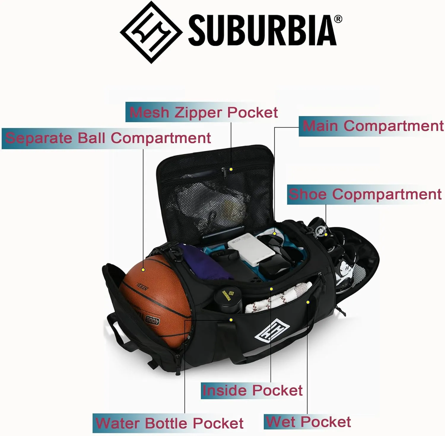Gym Bag for Men - 46L Sports Bag with Shoe Compartment & Wet Pocket, Women Small Duffle Bags for Travel Weekender Overnight, Water Resistant Sport Backpack - Black