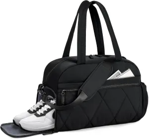Gym Bag for Women, Puffer Travel Duffle Bag With Shoes Compartment & Wet Pocket, Carry On Tote Bag For Weekender, Overnight, Sport (Black)