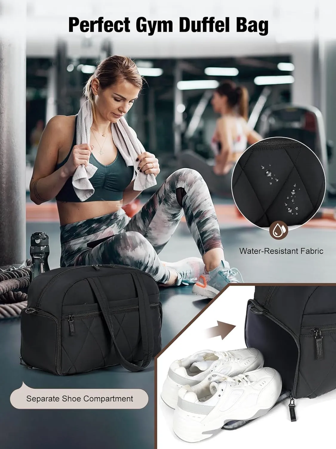 Gym Bag for Women, Puffer Travel Duffle Bag With Shoes Compartment & Wet Pocket, Carry On Tote Bag For Weekender, Overnight, Sport (Black)