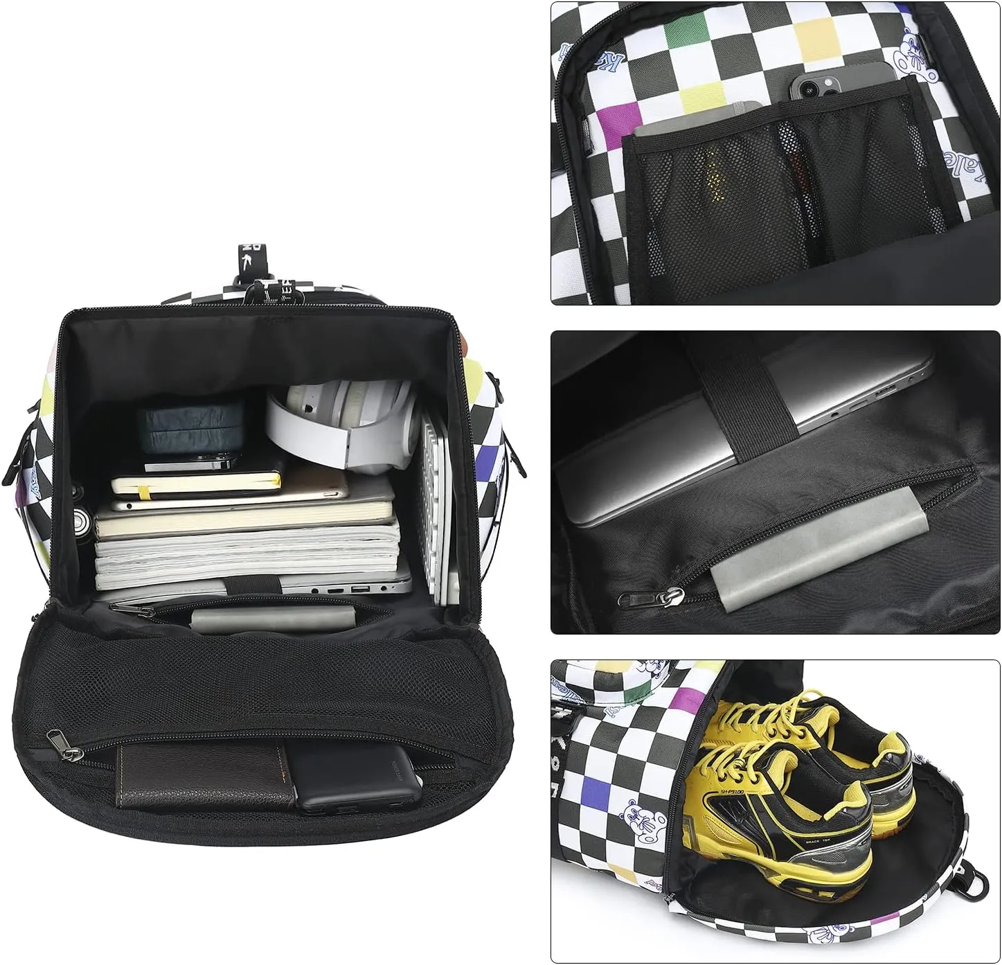 Gym Duffle Bag Backpack 4-Way Waterproof with Shoes Compartment for travel Sport Hiking laptop (Checkerboard) XL