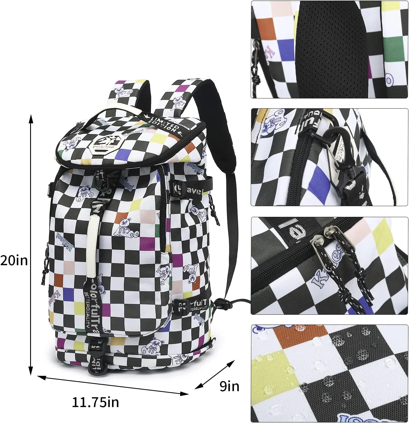 Gym Duffle Bag Backpack 4-Way Waterproof with Shoes Compartment for travel Sport Hiking laptop (Checkerboard) XL