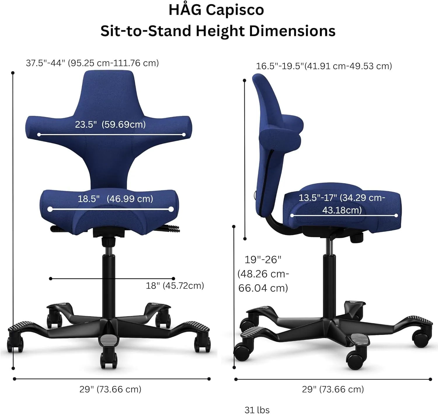 HAG Capisco Adjustable Sit to Stand Desk Chair - Black Frame - Cobalt Blue Polyester Seat