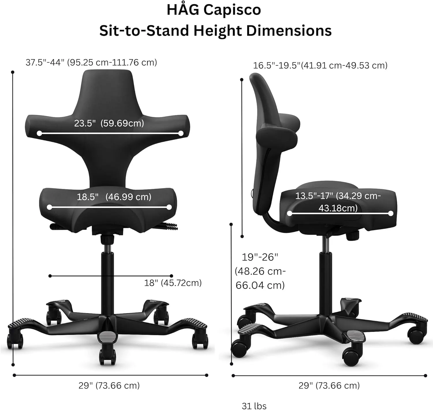 HAG Capisco Adjustable Sit to Stand Desk Chair - Black Frame - Eco Polyester Black Seat