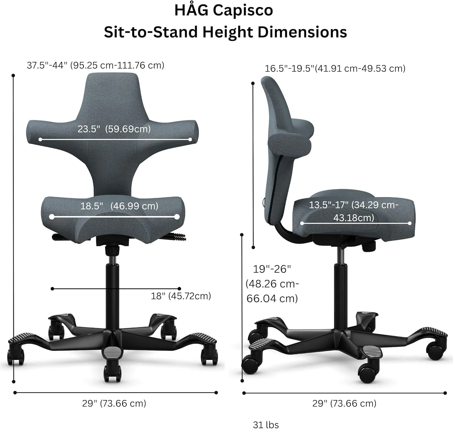 HAG Capisco Adjustable Sit to Stand Desk Chair - Black Frame - Gray Polyester Seat