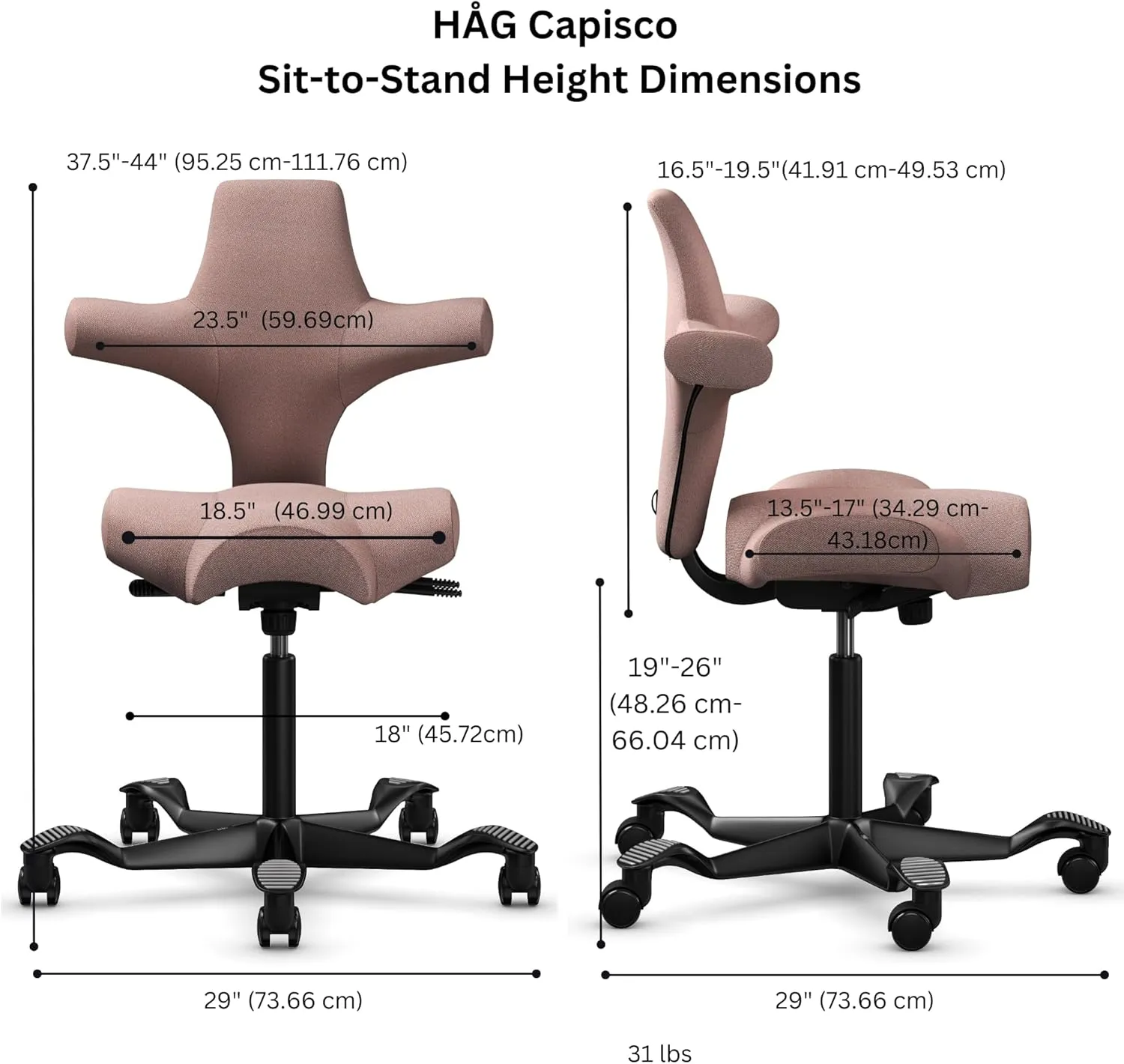 HAG Capisco Adjustable Sit to Stand Desk Chair - Black Frame - Pink Polyester Seat