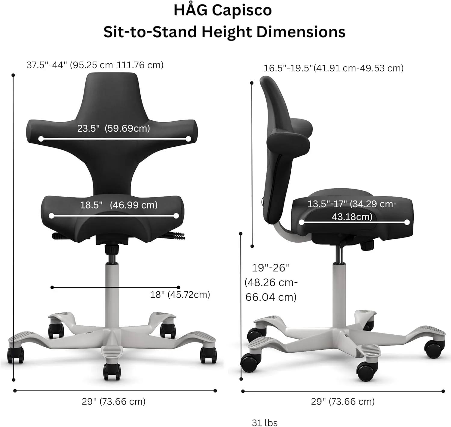 HAG Capisco Adjustable Sit to Stand Desk Chair - Silver Frame - Black Polyester Seat