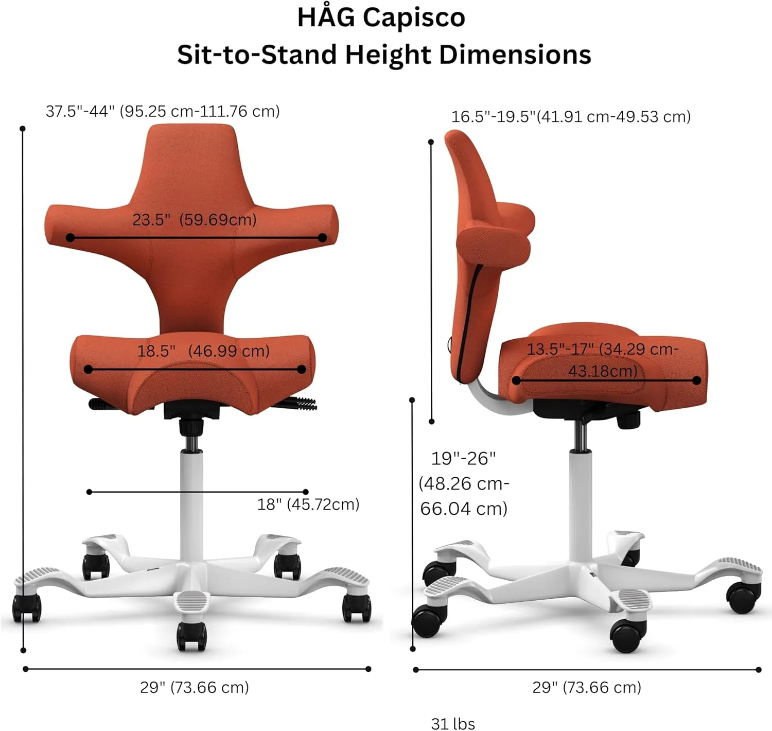 HAG Capisco Adjustable Sit to Stand Desk Chair - White Frame - Burnt Red Polyester Seat