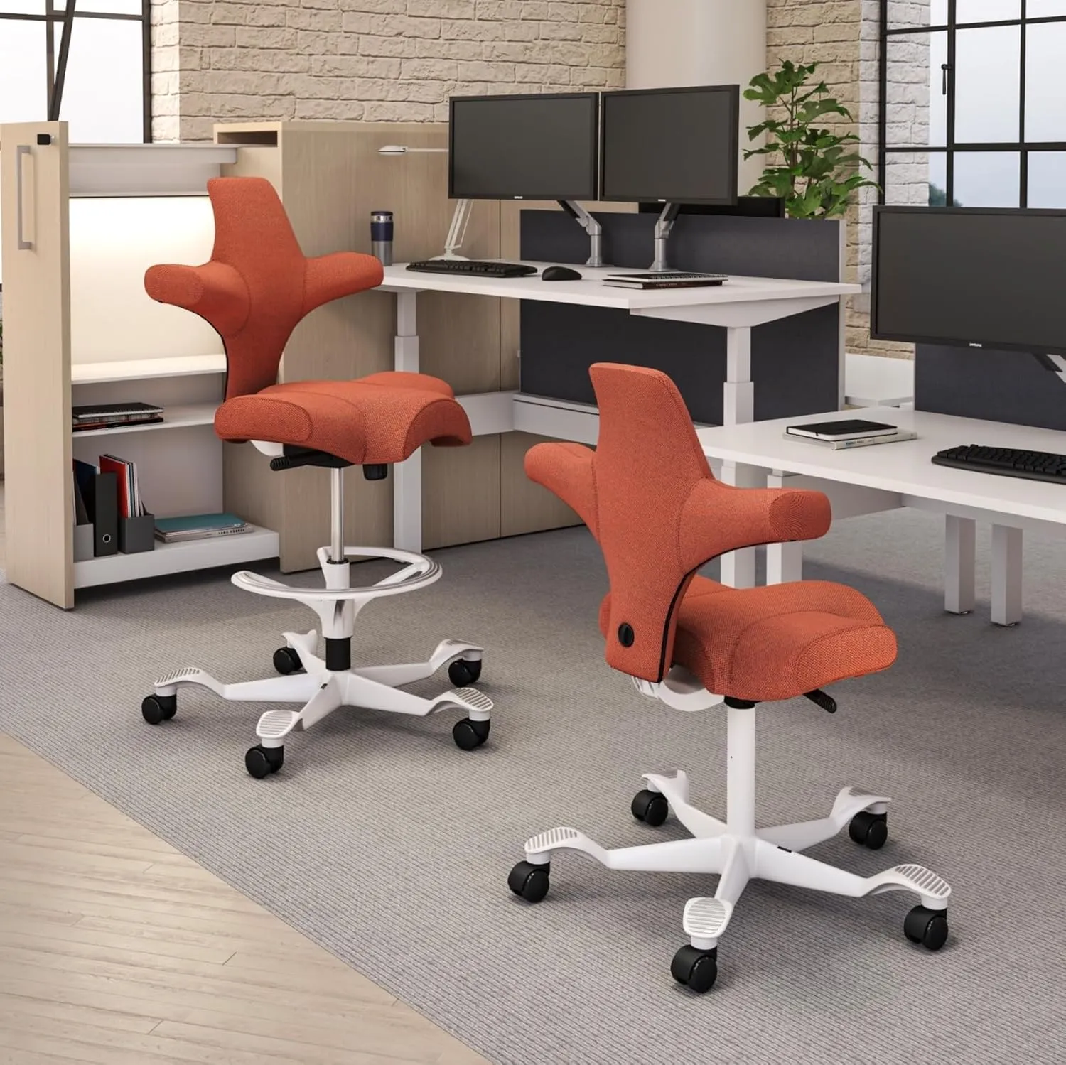 HAG Capisco Adjustable Sit to Stand Desk Chair - White Frame - Burnt Red Polyester Seat