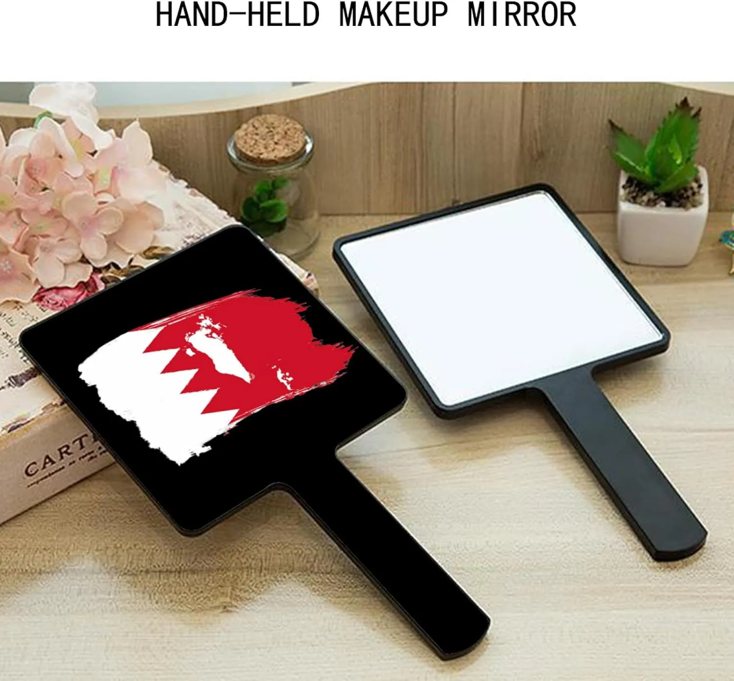 Handheld Travel Mirror with Handle, Bahrain Map Flag Mirror, Square Cosmetic Salon Makeup Mirror for Professional Barbers and Hairdressers Black 9×16Cm