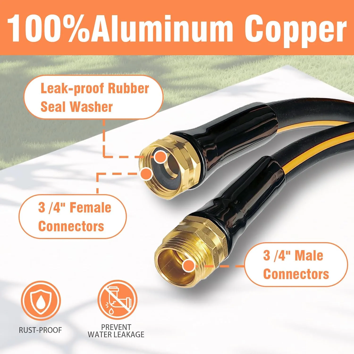 Heavy Duty Garden Hose 50 ft, Non-Expandable Flexible Water Hose, Kink Resistant Lightweight Hybrid Hose, With Leakproof 3/4in Aluminum Copper Male to Female Fittings