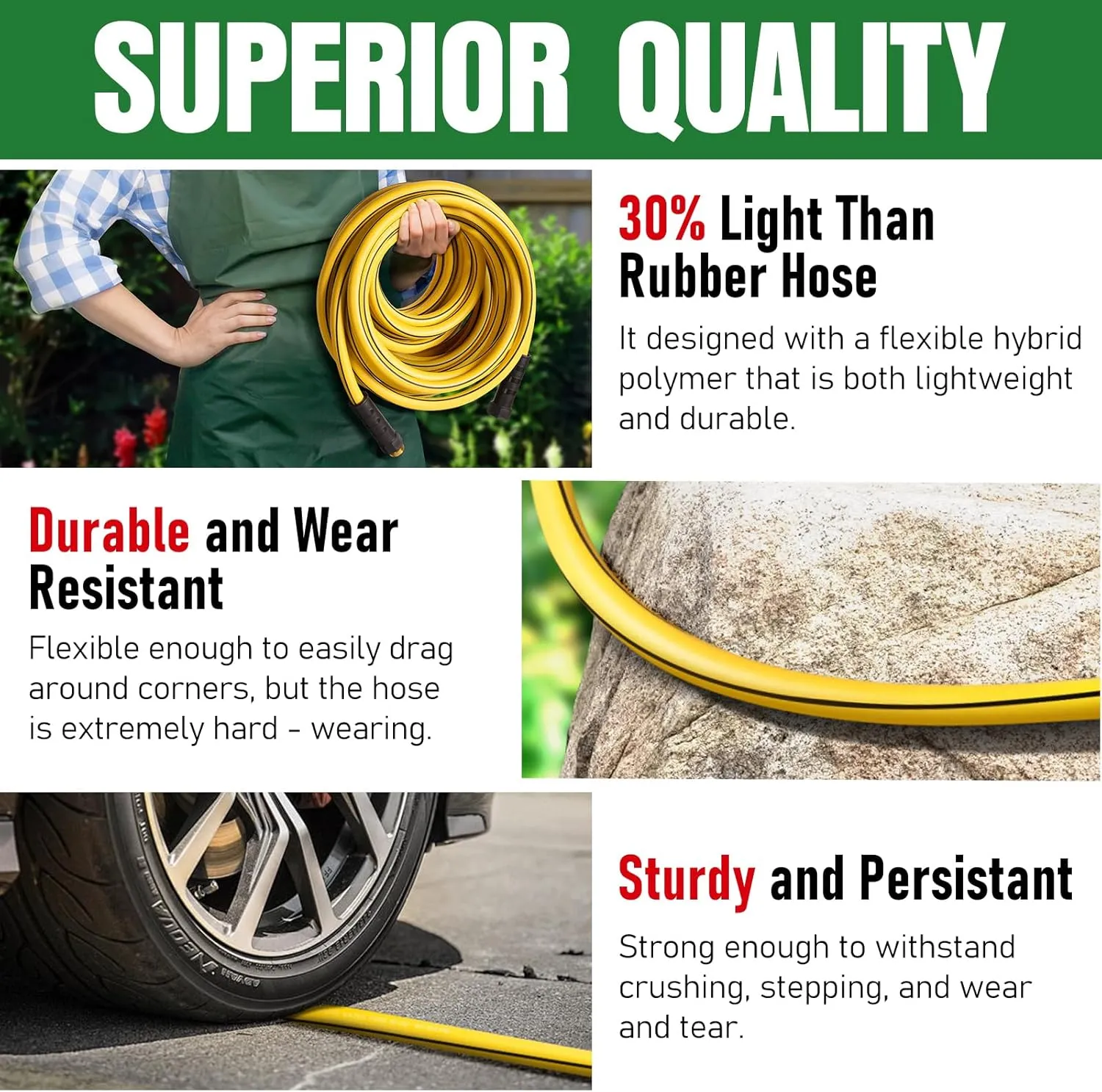 Heavy Duty Garden Hose 50ft x 5/8", NON-EXPANDABLE Flexible Water Hose for Outside, Kink Resistant Lightweight Hybrid Hose, Leakproof Rubber Hose for Outdoor, Yard, Car Wash, Garden