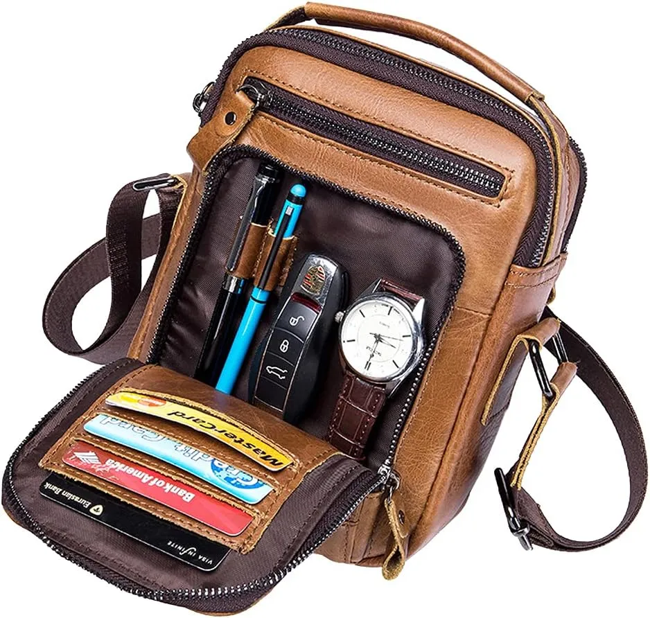 Hebetag Small Leather Shoulder Bag Crossbody Pack for Men Outdoor Travel Business