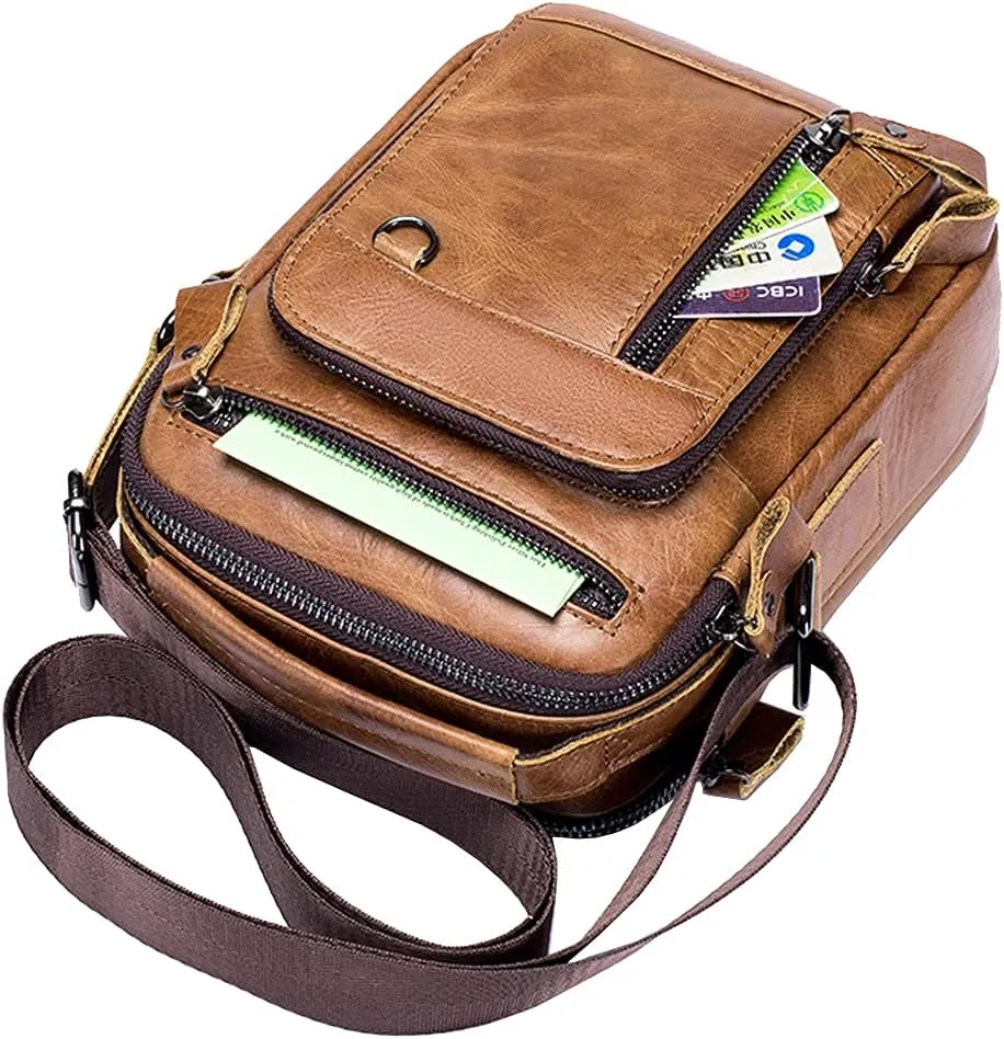 Hebetag Small Leather Shoulder Bag Crossbody Pack for Men Outdoor Travel Business