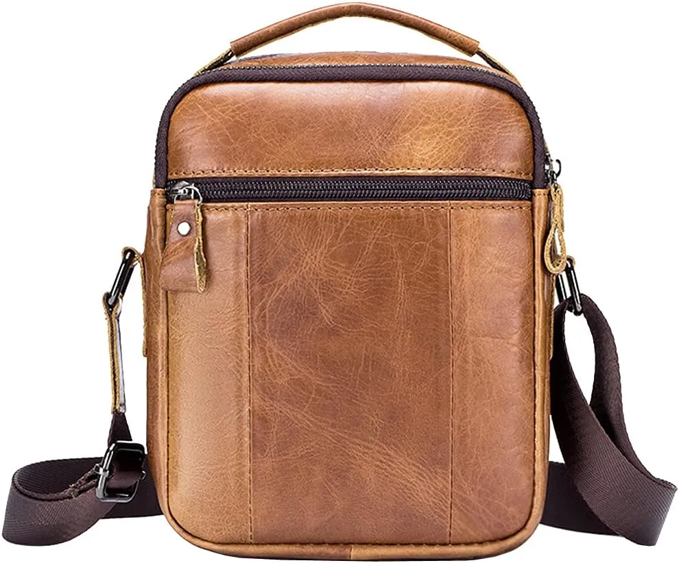 Hebetag Small Leather Shoulder Bag Crossbody Pack for Men Outdoor Travel Business