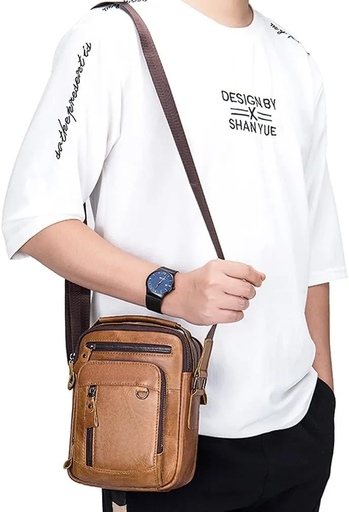 Hebetag Small Leather Shoulder Bag Crossbody Pack for Men Outdoor Travel Business