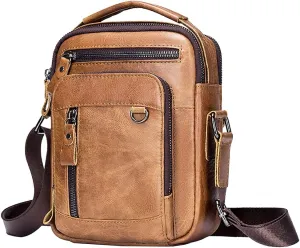 Hebetag Small Leather Shoulder Bag Crossbody Pack for Men Outdoor Travel Business