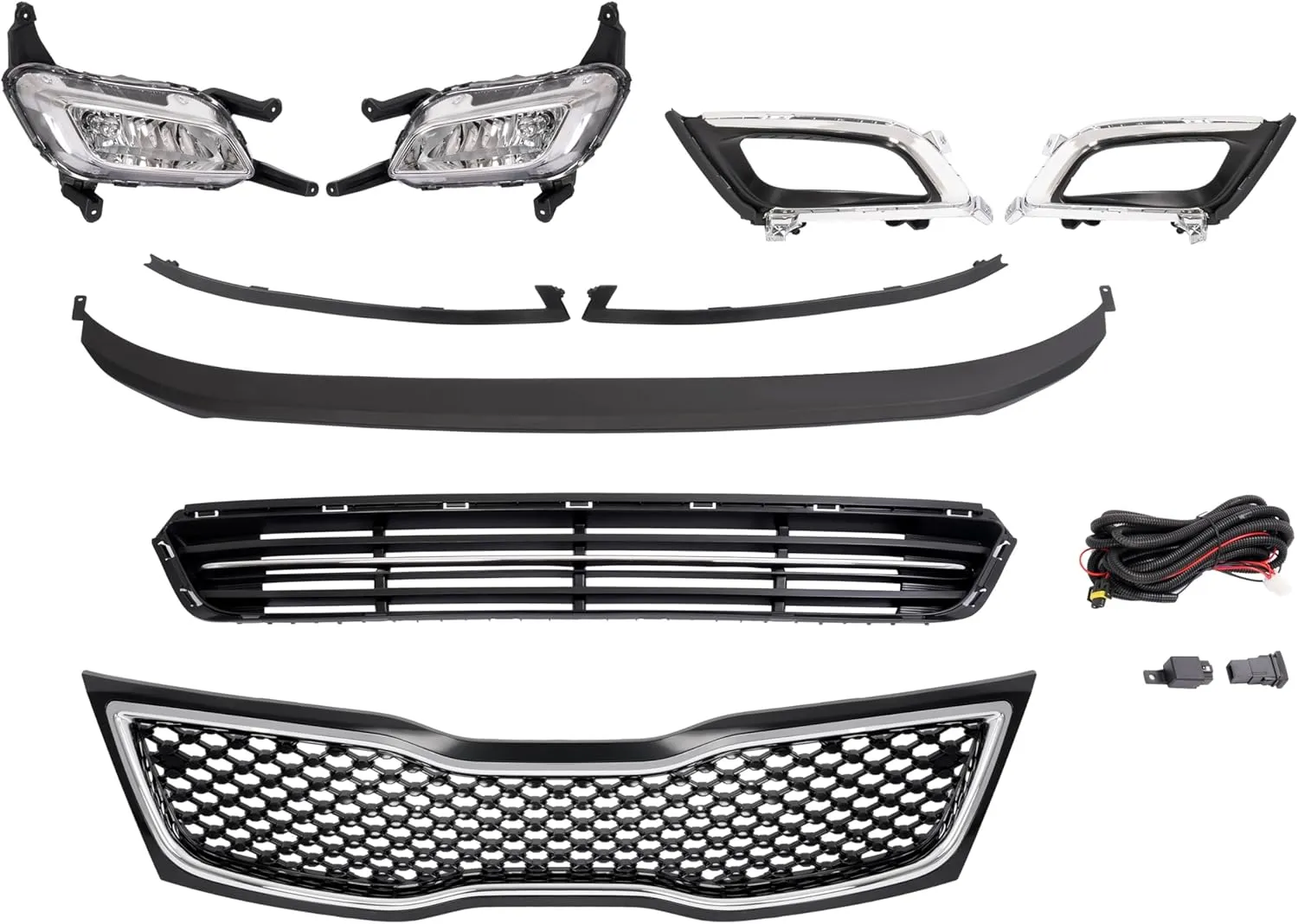 HECASA Upper   Lower Grille   Fog Light W/Accessories Compatible with 2014-2015 Kia Optima Bumper Grill and Fog Light Assembly W/Fog Light Bezel Fog Light Trim Front Bumper Lip Grille Trim