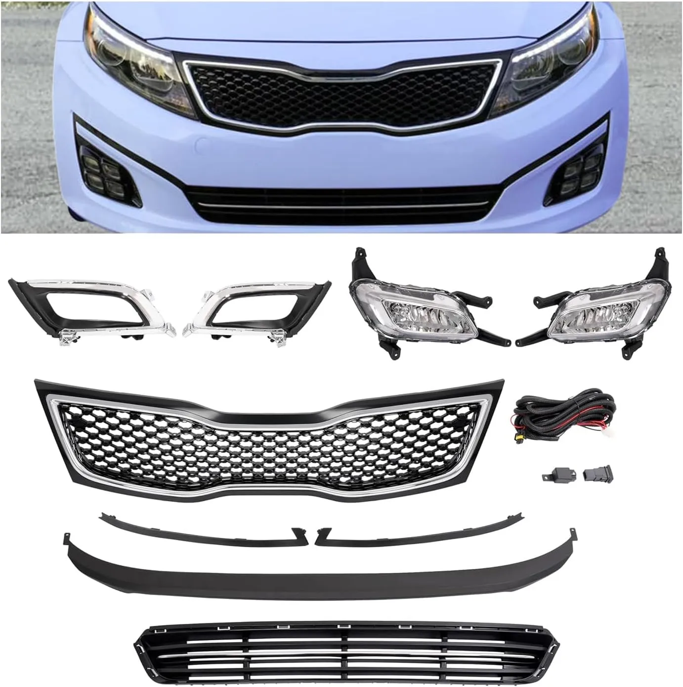 HECASA Upper   Lower Grille   Fog Light W/Accessories Compatible with 2014-2015 Kia Optima Bumper Grill and Fog Light Assembly W/Fog Light Bezel Fog Light Trim Front Bumper Lip Grille Trim