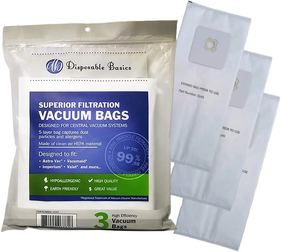 HEPA Filtration Bags for Central Vacuum Systems ELH3 - by Disposable Basics (3 Pack)