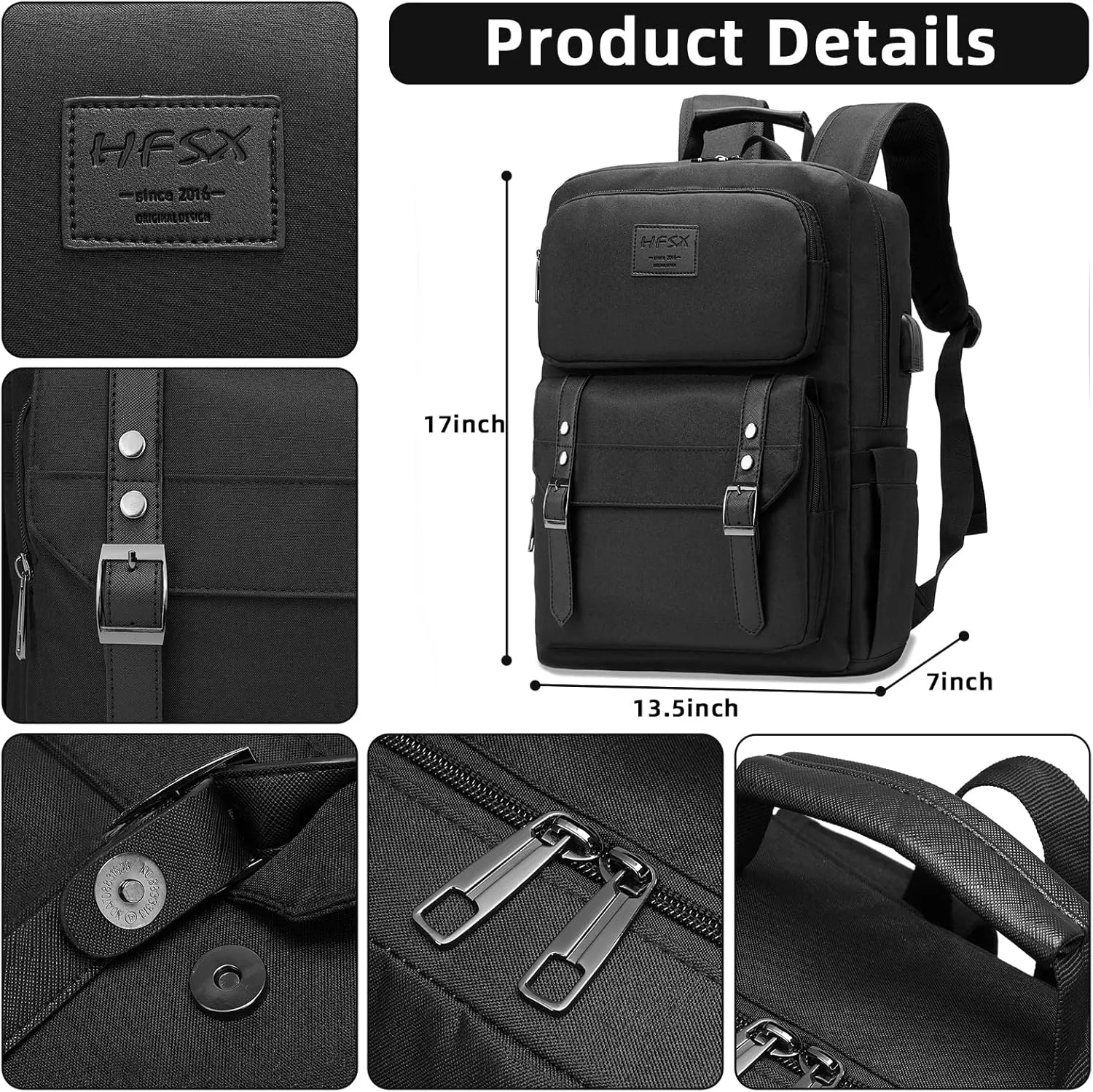 HFSX Laptop Backpack Women Men College Backpacks Bookbag Vintage Backpack Book Bag Fashion Back Pack Anti Theft Travel Backpacks with Charging Port fit 15.6 Inch Laptop Black
