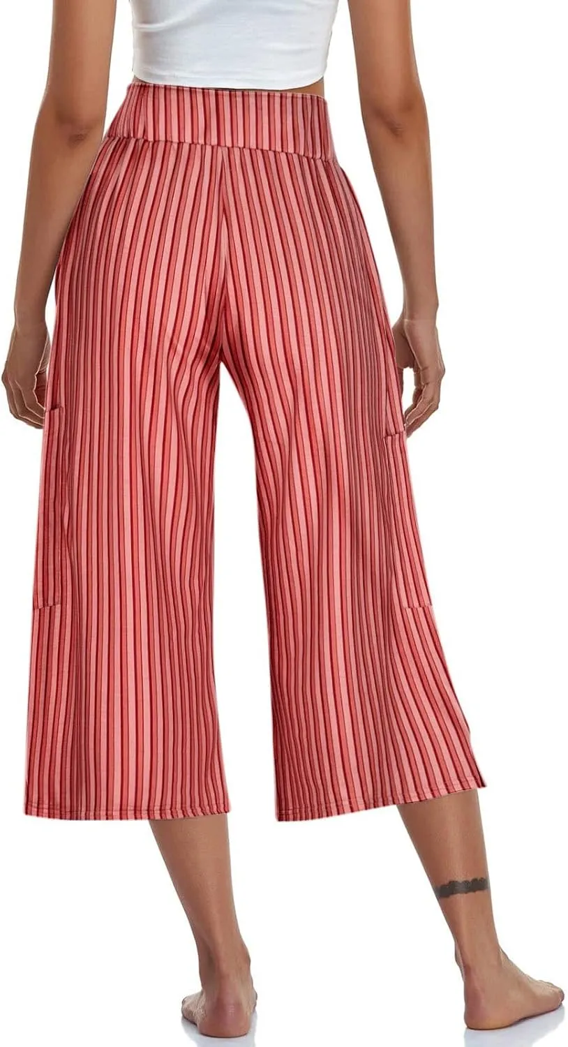 HGps8w Striped Wide Leg Pants for Women Capris - Casual Elastic Waist Versatile Business Work Lounge Pants with Pockets