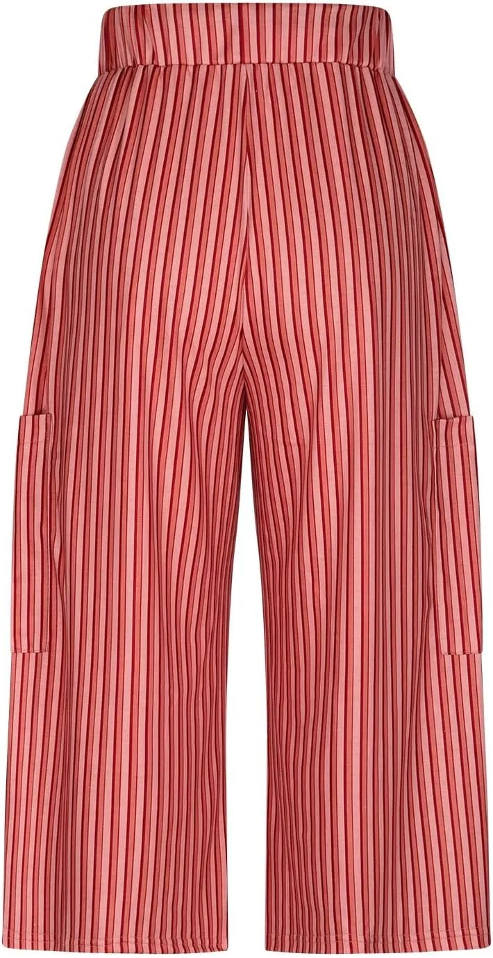HGps8w Striped Wide Leg Pants for Women Capris - Casual Elastic Waist Versatile Business Work Lounge Pants with Pockets