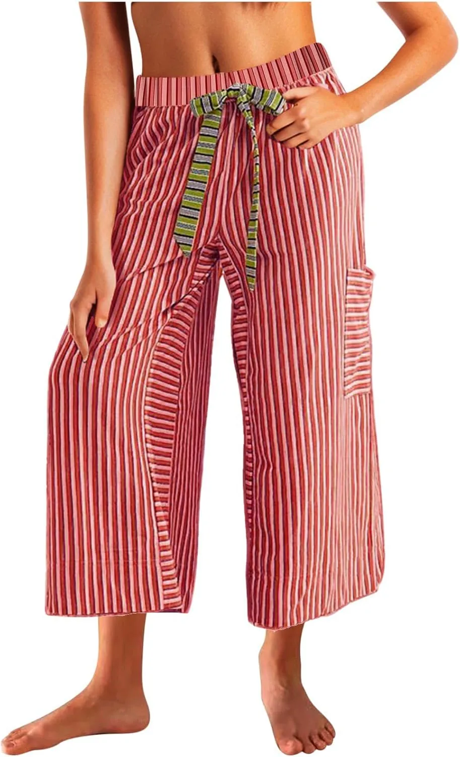 HGps8w Striped Wide Leg Pants for Women Capris - Casual Elastic Waist Versatile Business Work Lounge Pants with Pockets