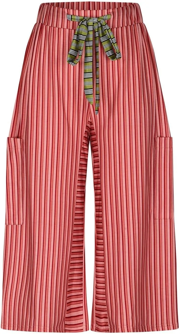 HGps8w Striped Wide Leg Pants for Women Capris - Casual Elastic Waist Versatile Business Work Lounge Pants with Pockets